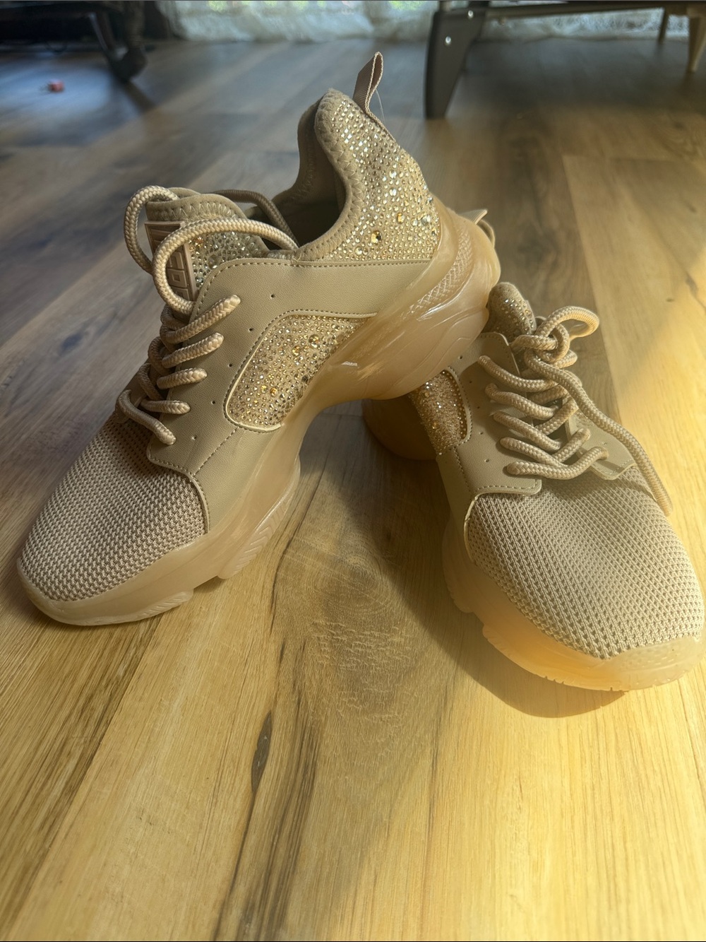 Steve Madden Beige Chunky Sneaker with Crystal Embellishments